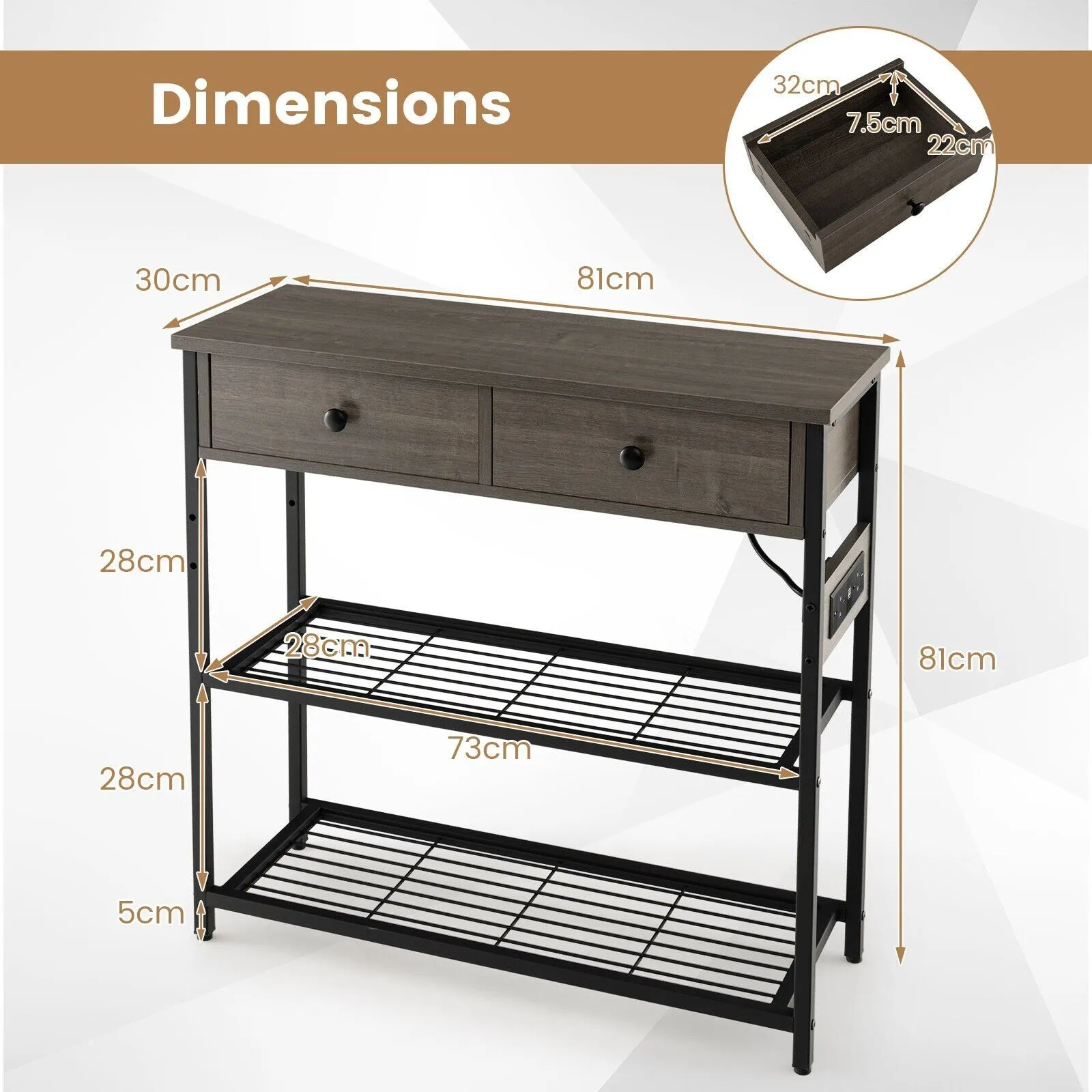 Costway Entryway Table Narrow Console Table Buffet Side Table w/ Charging Station in Grey 2