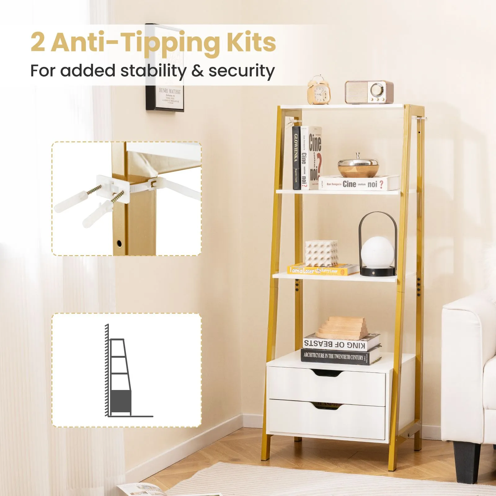 Costway Ladder Bookshelf Tall Freestanding Display Rack with Storage-White in White 6
