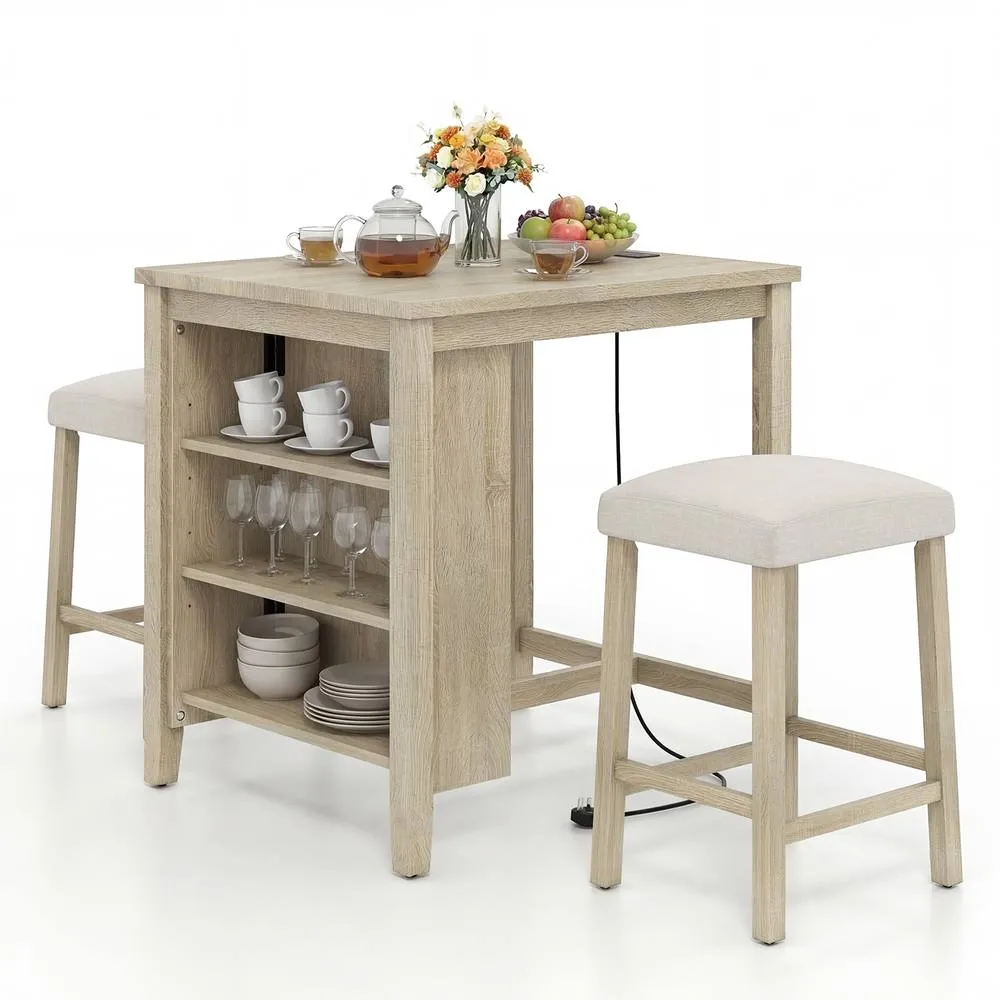 Costway 3PCS Bar Table Set Kitchen Dining Table w/ 2 Stools & Power Outlet