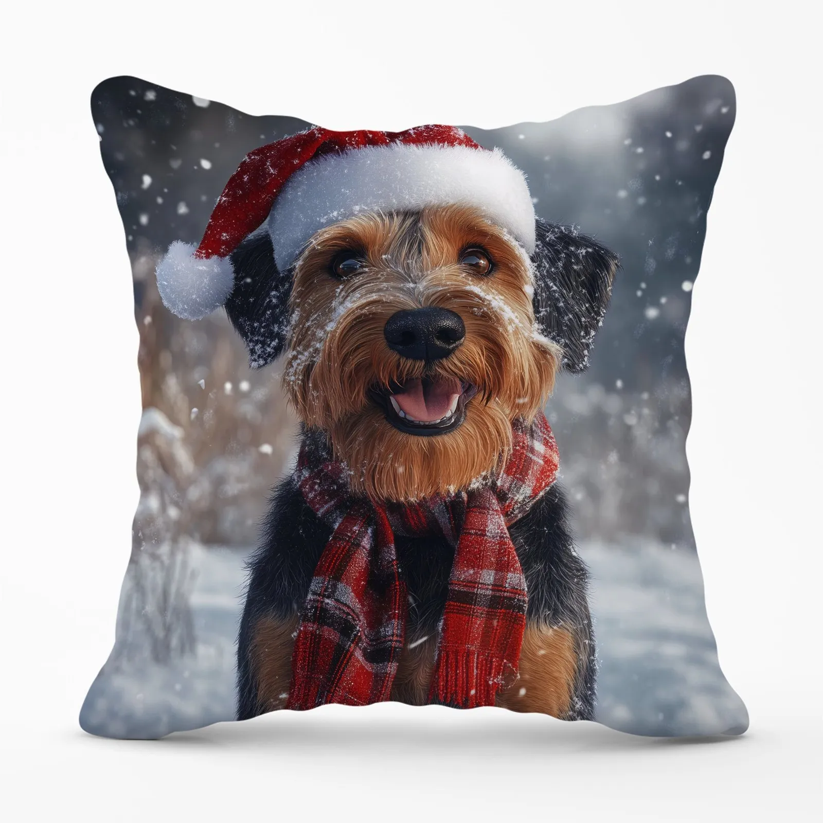 Warren Reed - Designer Christmas Airedale Terrier Cushion in Brown