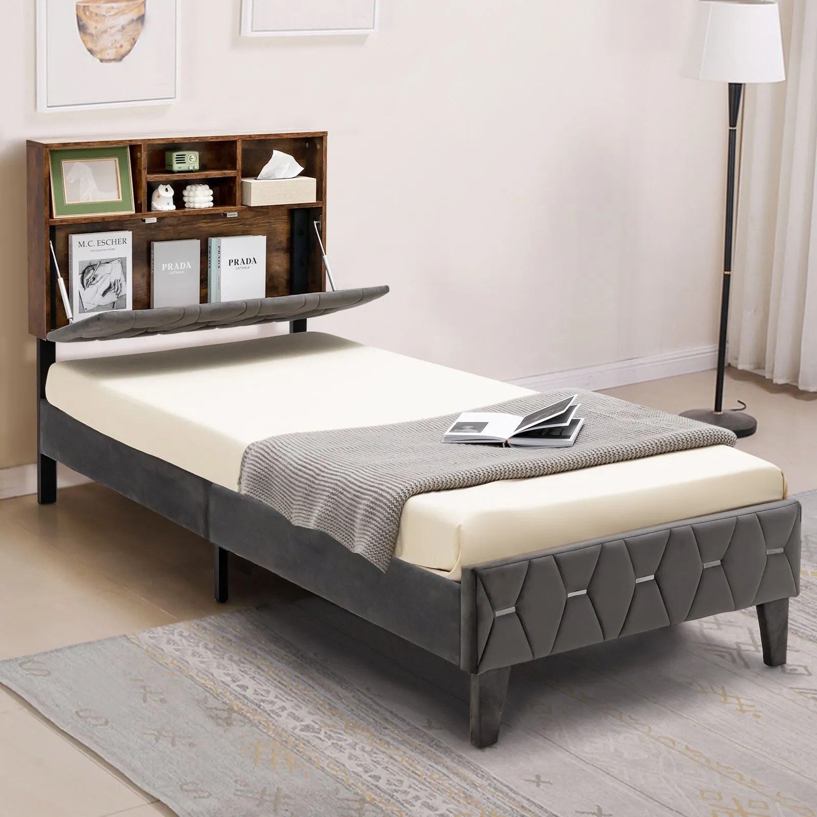 Costway Single Size Bed Frame Upholstered Platform Bed Slat Support W/ Storage Headboard in Grey
