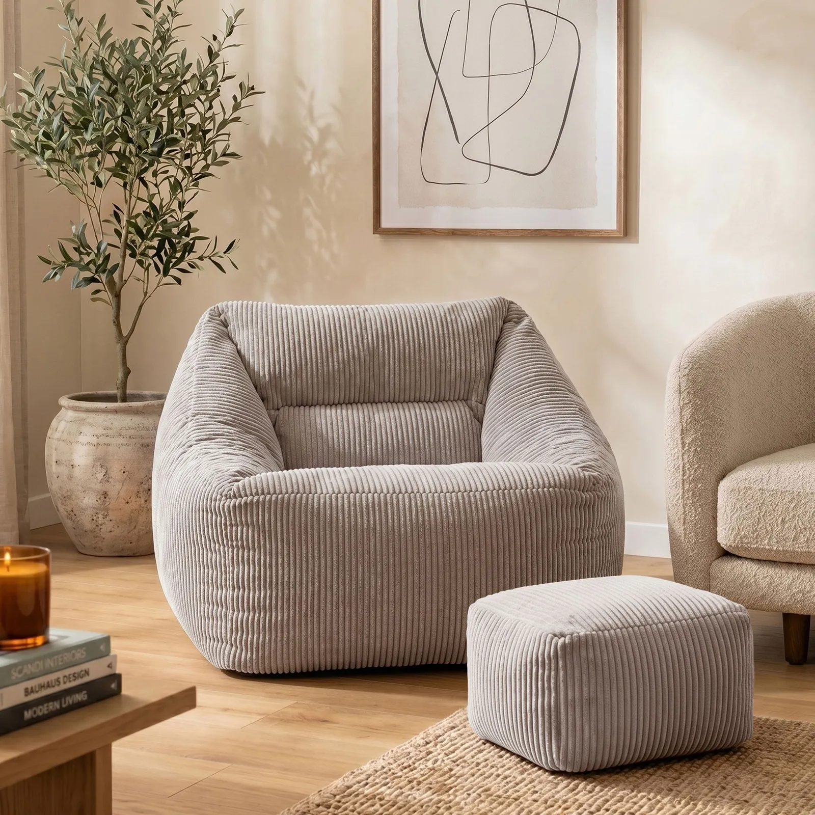 icon Bean Bag Armchair & Footstool Jumbo Cord Bundle in Light Grey