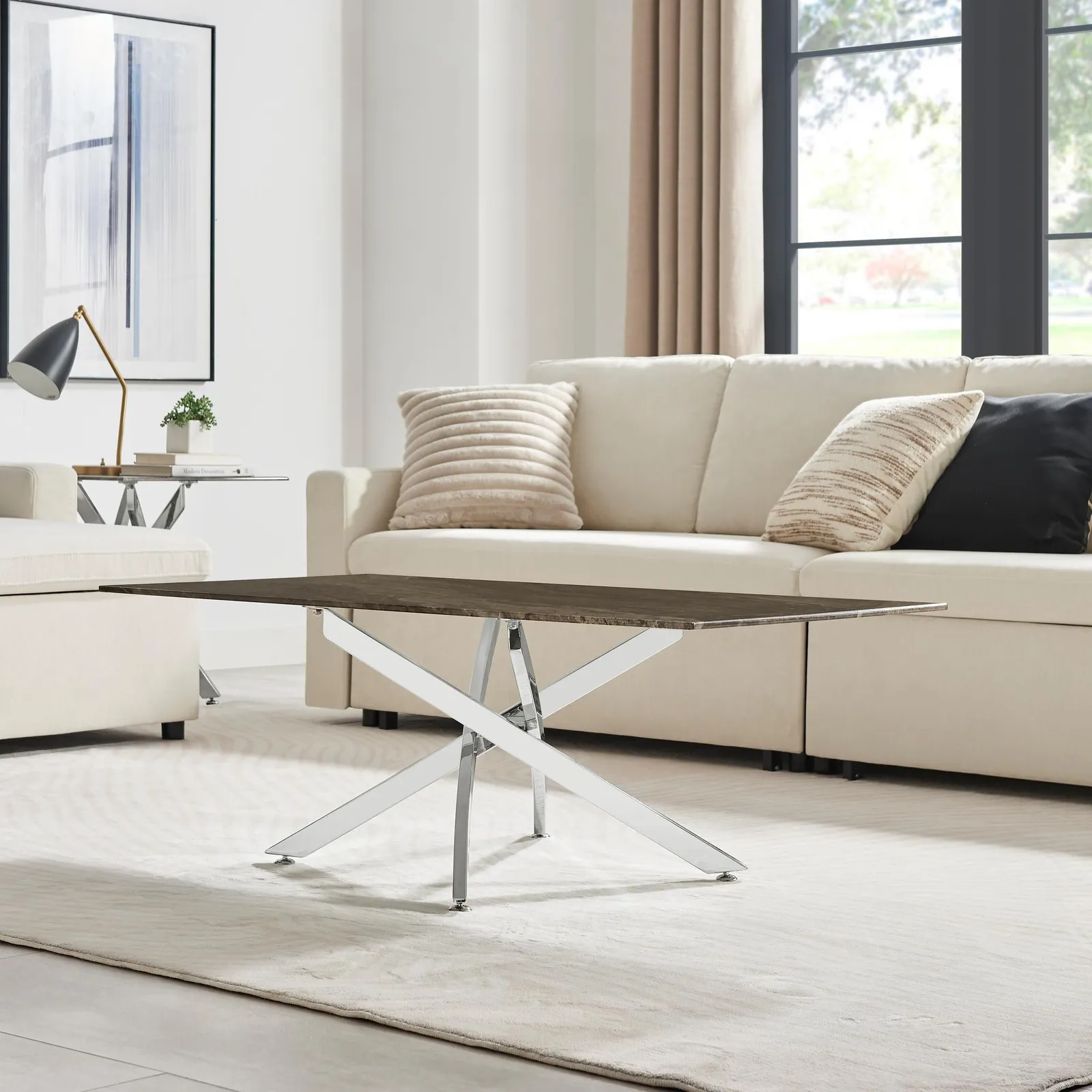 FurnitureboxUK Leonardo Rectangular Marble Effect Glass Top Coffee Table With Silver Metal Starburst Legs in Grey 3