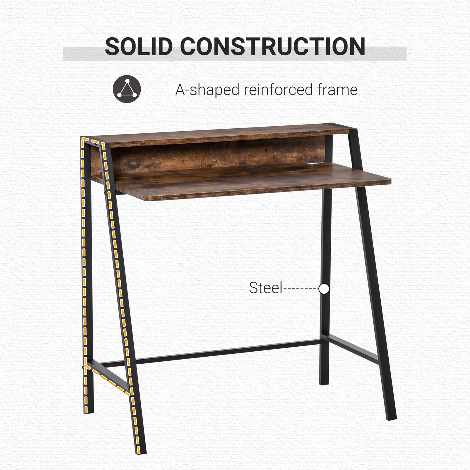 HOMCOM 2-Tier Storage Computer Workstation Metal Frame Rustic Brown 100cm 5