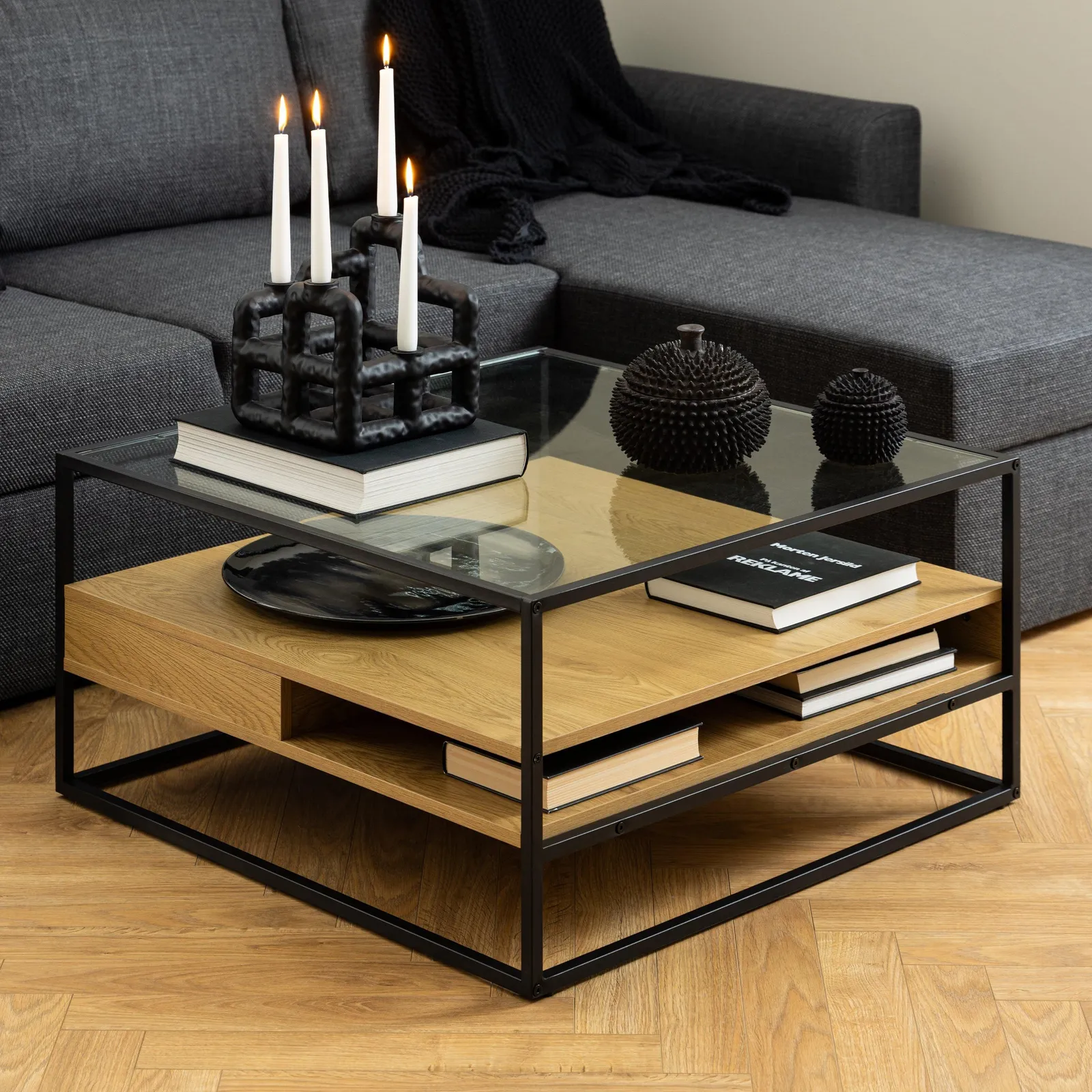 Furniture To Go Randolf Square Coffee Table with 2 Shelves in Black & Oak 4