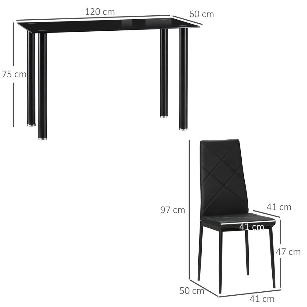 HOMCOM Dining Table & Chairs Set 4 with Padded Seat & Tempered Glass in Black 3