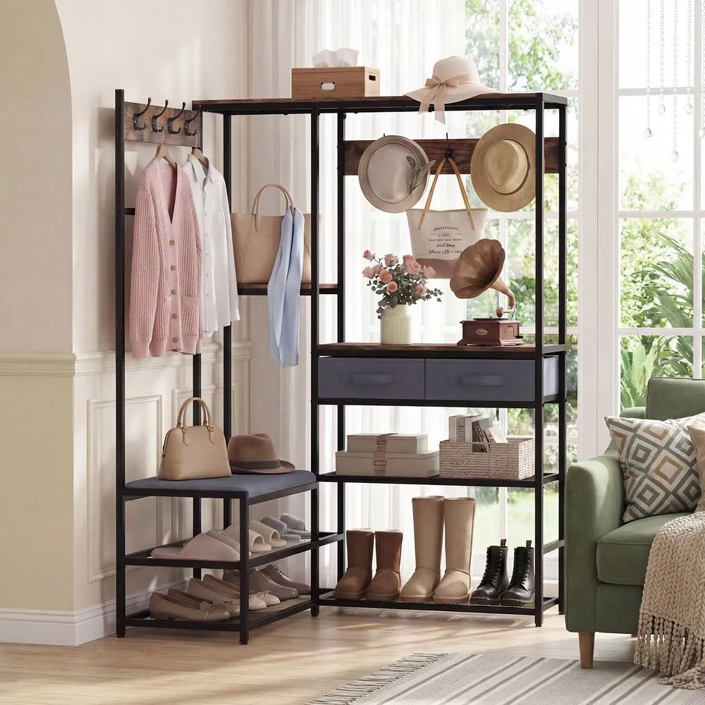 Costway 152 cm Corner Coat Rack with Shoe Bench L-Shaped Garment Rack With 7 Hooks in Brown 3