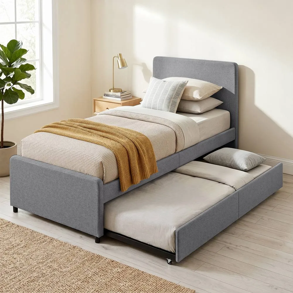 HOMCOM 90 x 190 cm Upholstered Single Bed, Pull Out Trundle Bed in Dark Grey 1