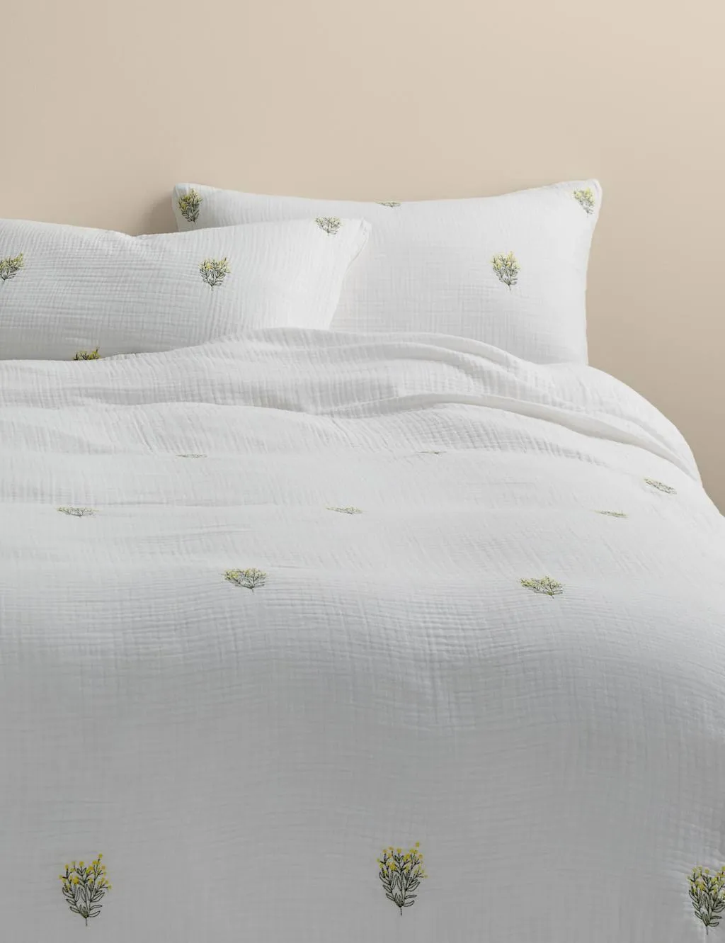 M&S Pure Cotton Muslin Floral Sprig Bedding Set Yellow Mix