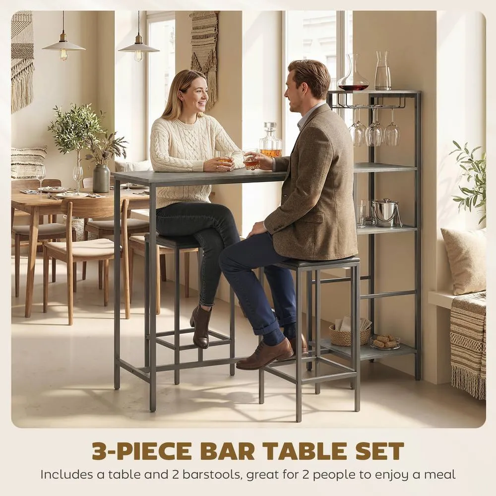 HOMCOM 3Pcs Breakfast Bar Table & Stools Set 4-tier shelving in Grey 4