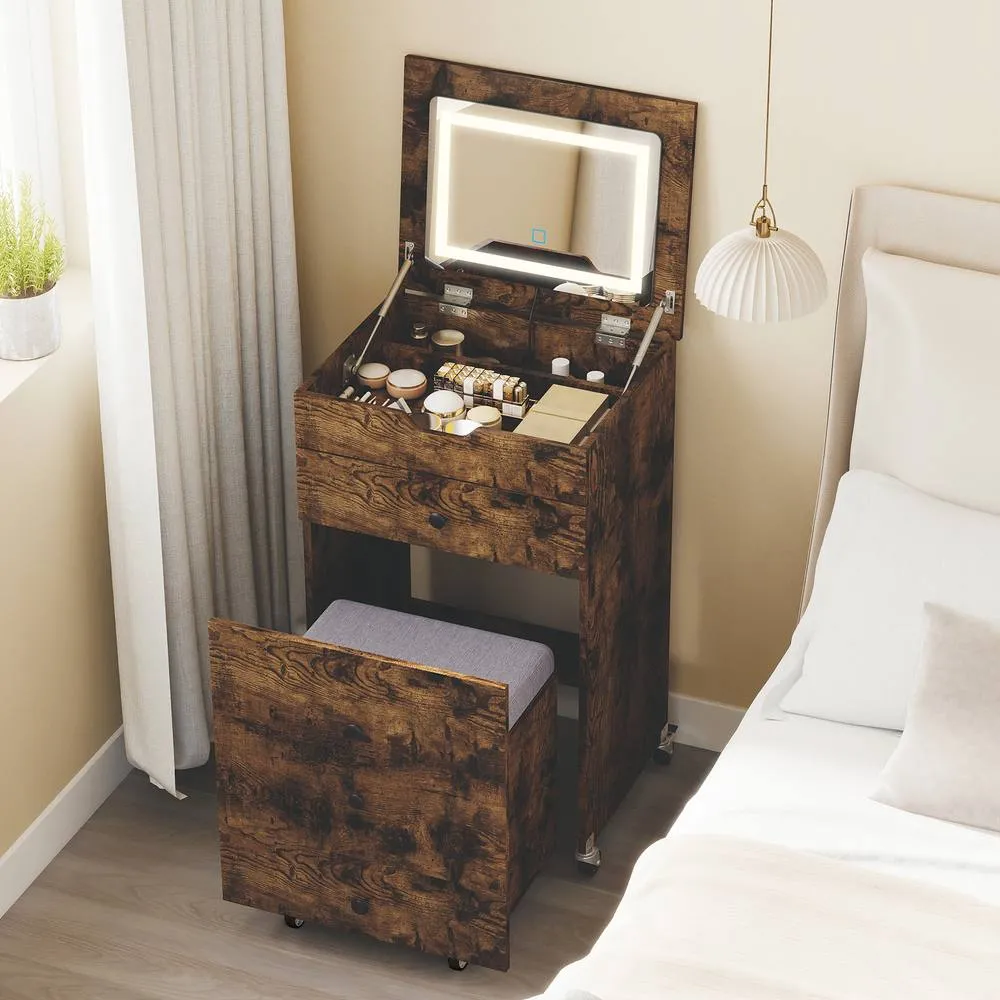 Costway 3-in-1 Vanity Desk Set w/Mirror & Lights Makeup Table w/Drawers &Stool in Brown 3
