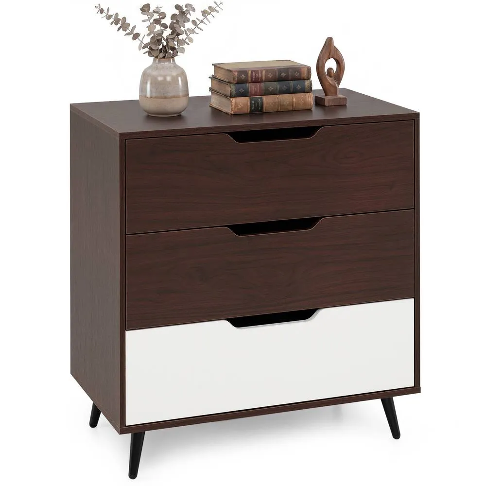 Costway Modern 3-Drawer Dresser Wooden Nightstand Metal Legs in Brown