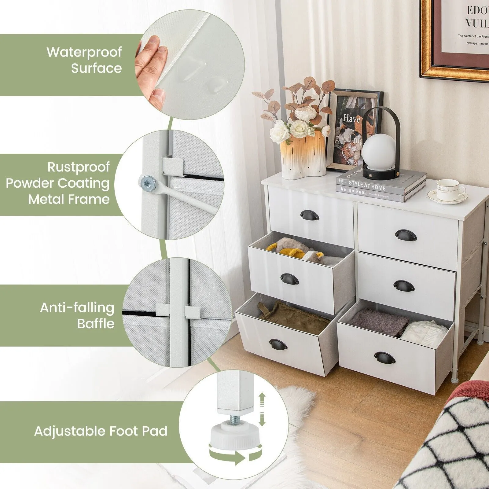 Costway 6 Drawers Dresser Organizer 2-Tier Fabric Storage Organizer Chest of Drawers in White 5