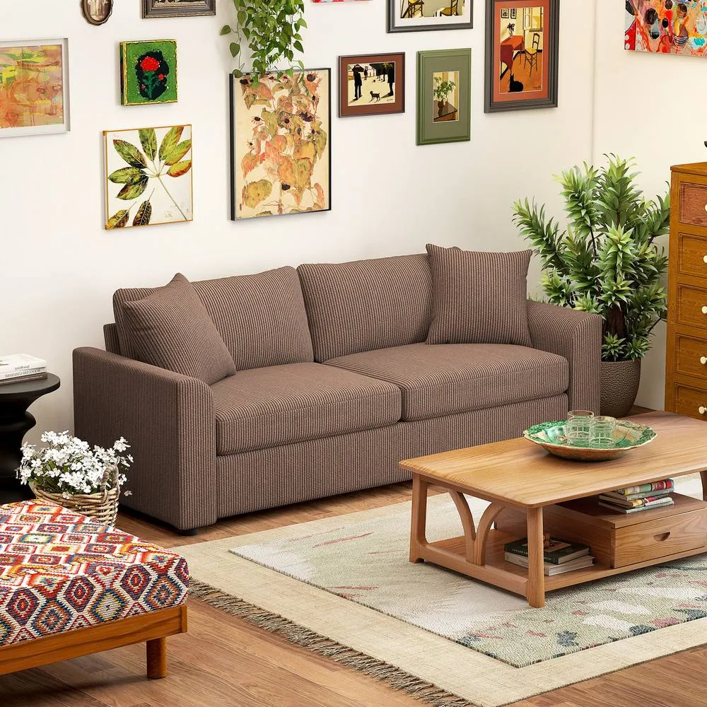 HOMCOM 212 cm Upholstered Jumbo Cord Sofa Couch with Spring Cushion, Coffee in Brown 2