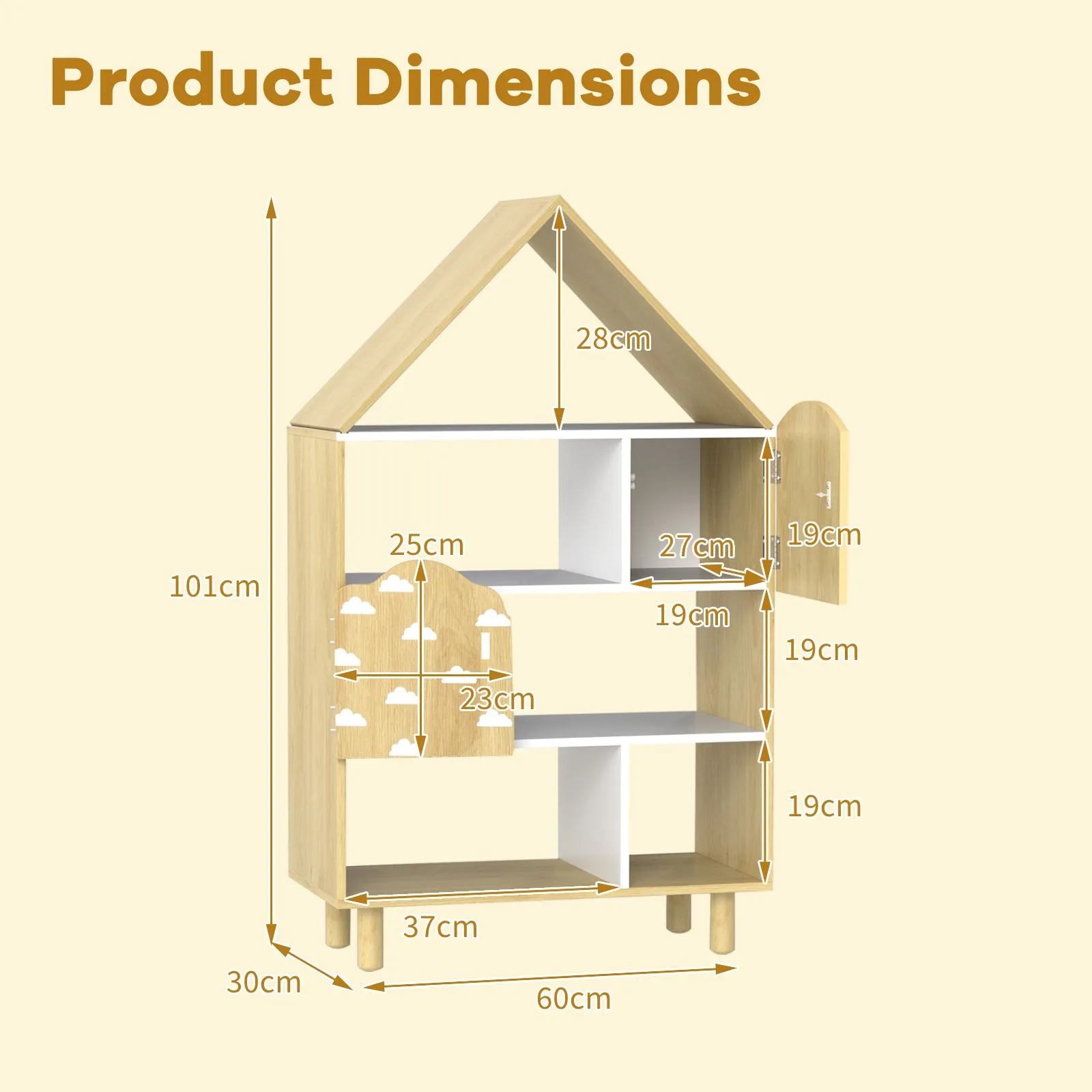 Costway Dollhouse Bookshelf House-shaped Bookcase with 2 Doors in Natural 2