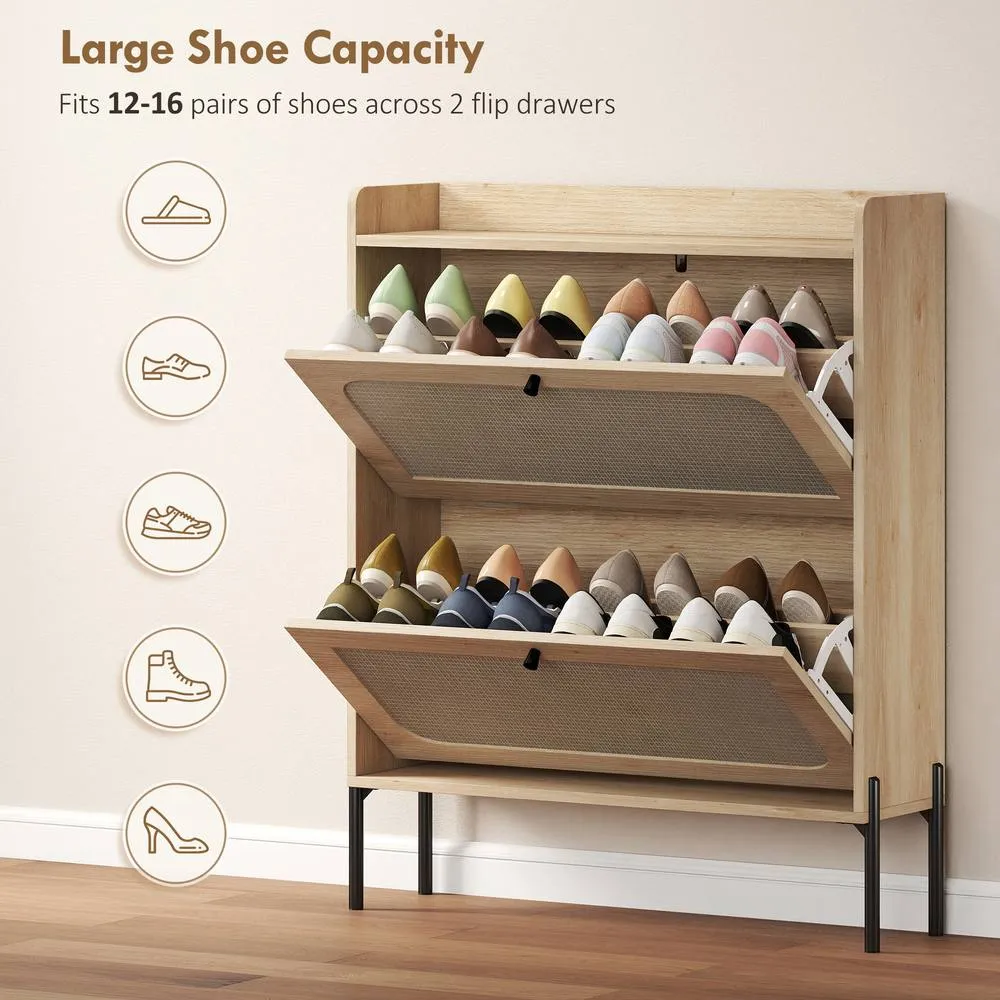 HOMCOM Boho Narrow Shoe Cabinet, Shoe Rack with 2 Flip Drawers in Light Brown 5