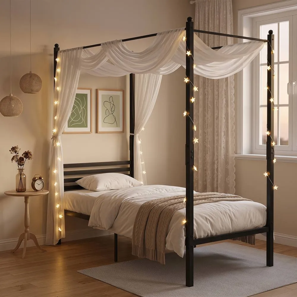 Costway Single Size Canopy Bed Frame 200x140cm Metal Platform Bed w/ Headboard in Black 6