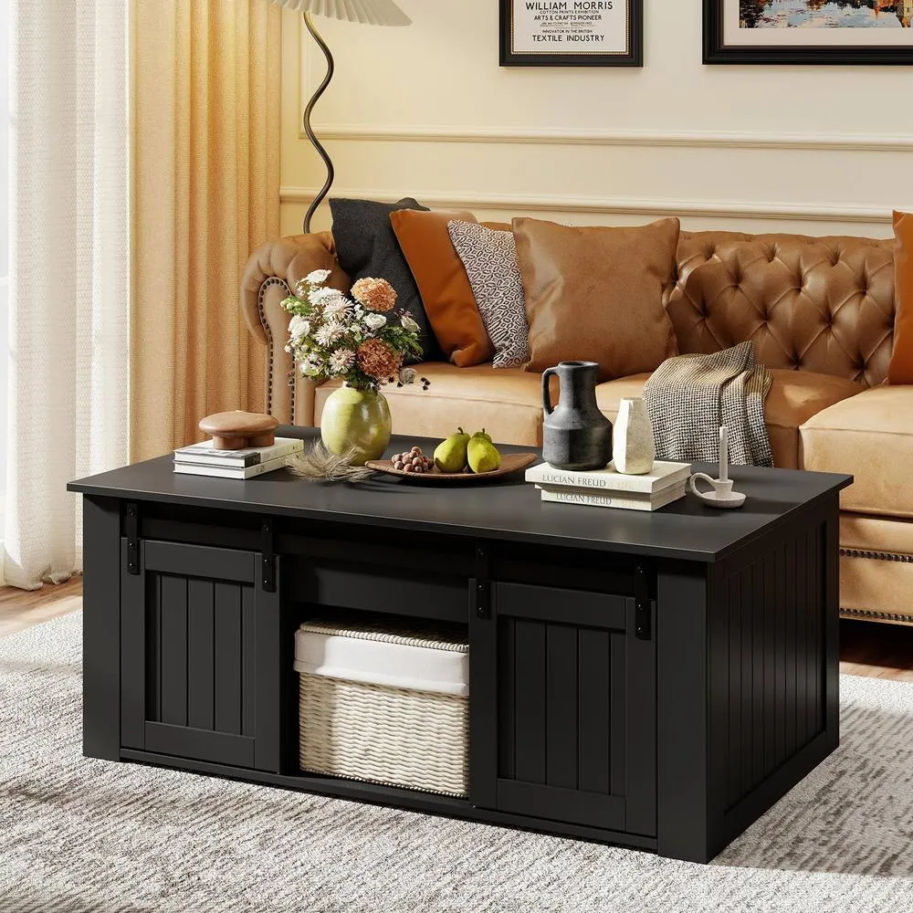 Costway 120 cm Farmhouse Center Table Lift Top Coffee Table with Doors Black 4