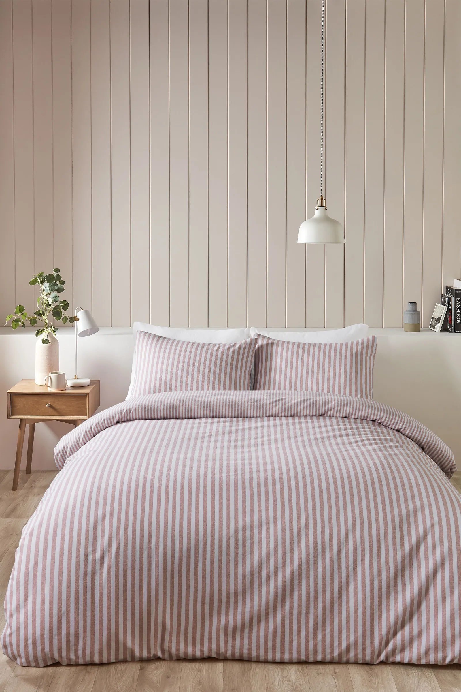 Catherine Lansfield Brushed Stripe 100% Cotton Duvet Cover Set in Pink