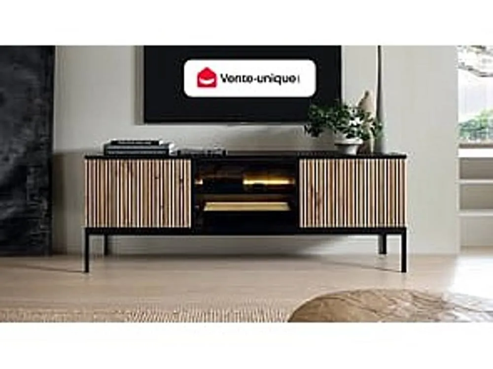 Vente-unique 3 - Door TV Stand With Leds In MDF & Smoked Glass - Black and 4