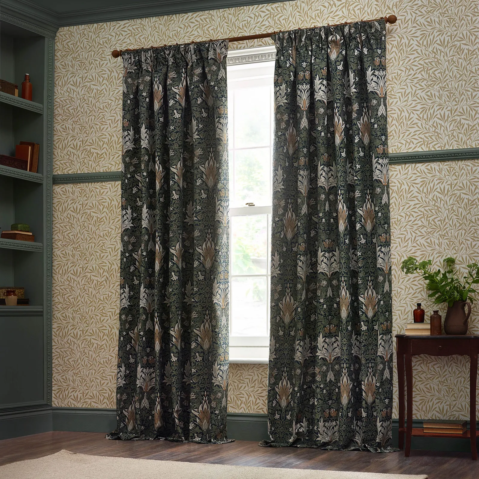 Morris & Co Snakeshead Jacquard Chenille Room Darkening Pencil Pleat Curtains in Indigo 6