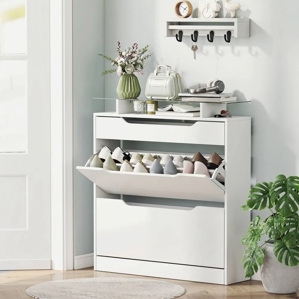HOMCOM Shoe Cabinet with 3 Drawers, High Gloss Front Panels, Glass Top White 2