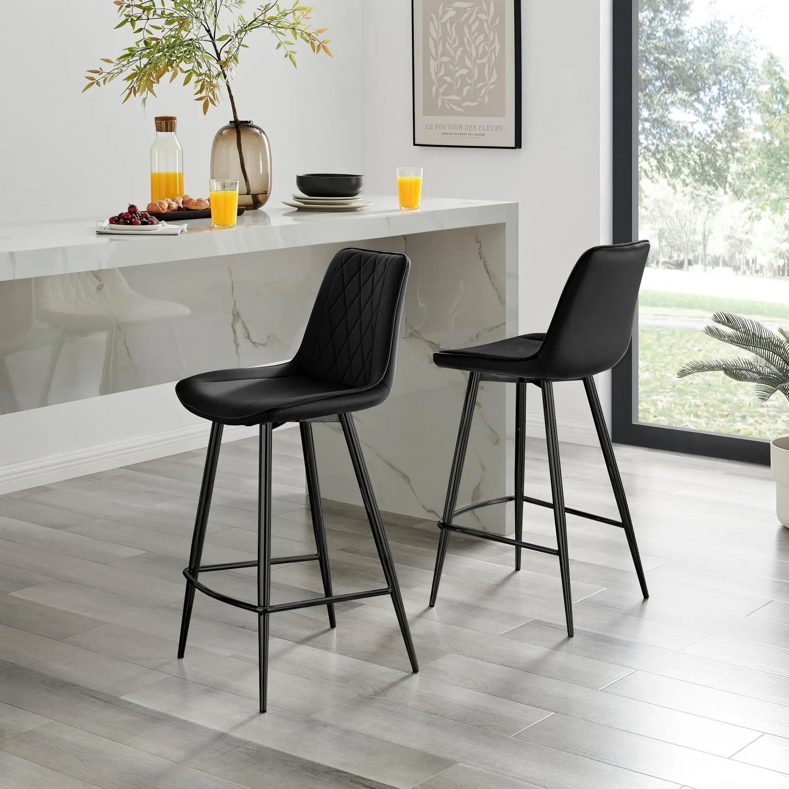 FurnitureboxUK Pesaro Set of 2 Velvet Black Legs Counter Stools