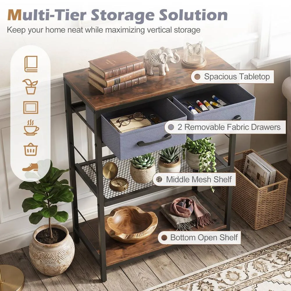 Costway Narrow Console Table w/ 2 Fabric Drawers 3-Tier Table Storage Rack in Brown 3