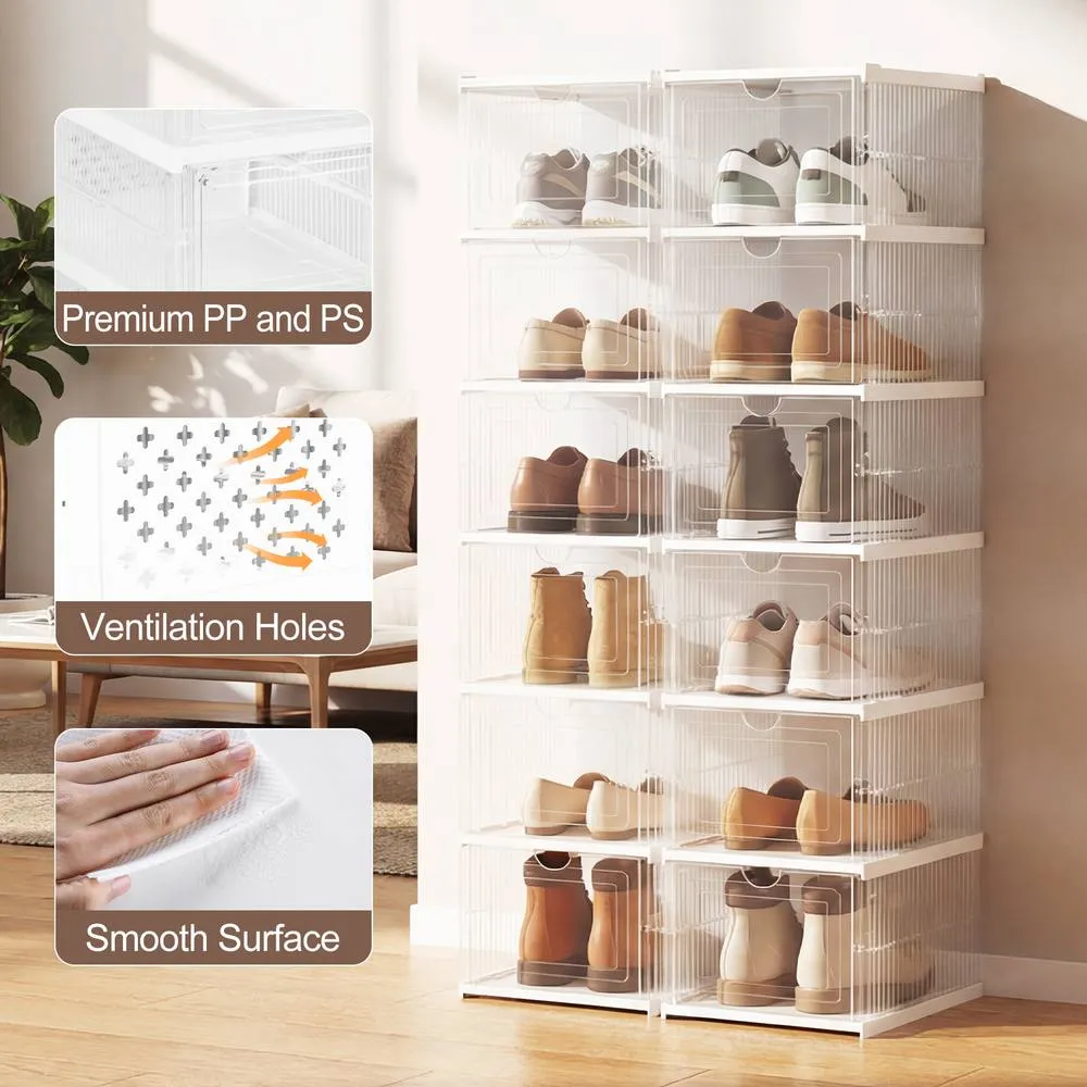 Costway 6-Tier Shoe Organizer Set of 2 Folding Plastic Sneaker Storage Boxes in White 3