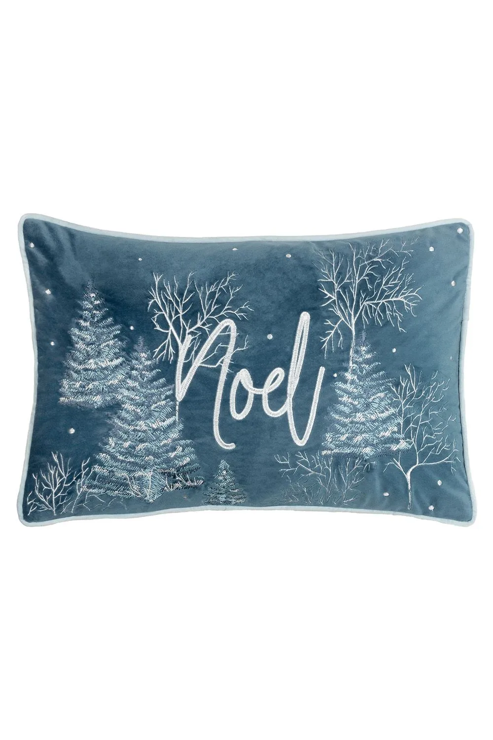 Furn Arcticus Noel Embroidered Piped Velvet Cushion in Blue