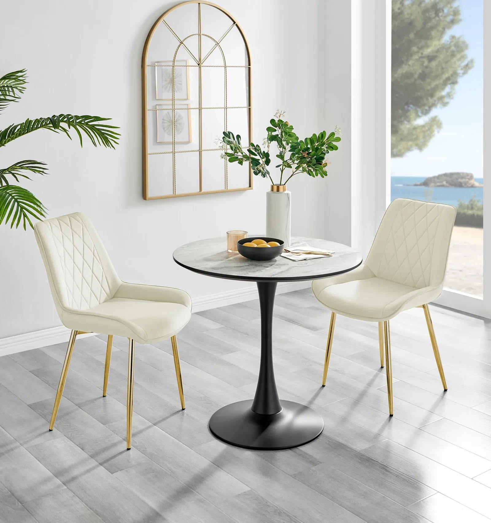 FurnitureboxUK Elina White Marble Effect Scratch Resistant Dining Table & 2 Pesaro Gold Leg Velvet Chairs in Cream 1