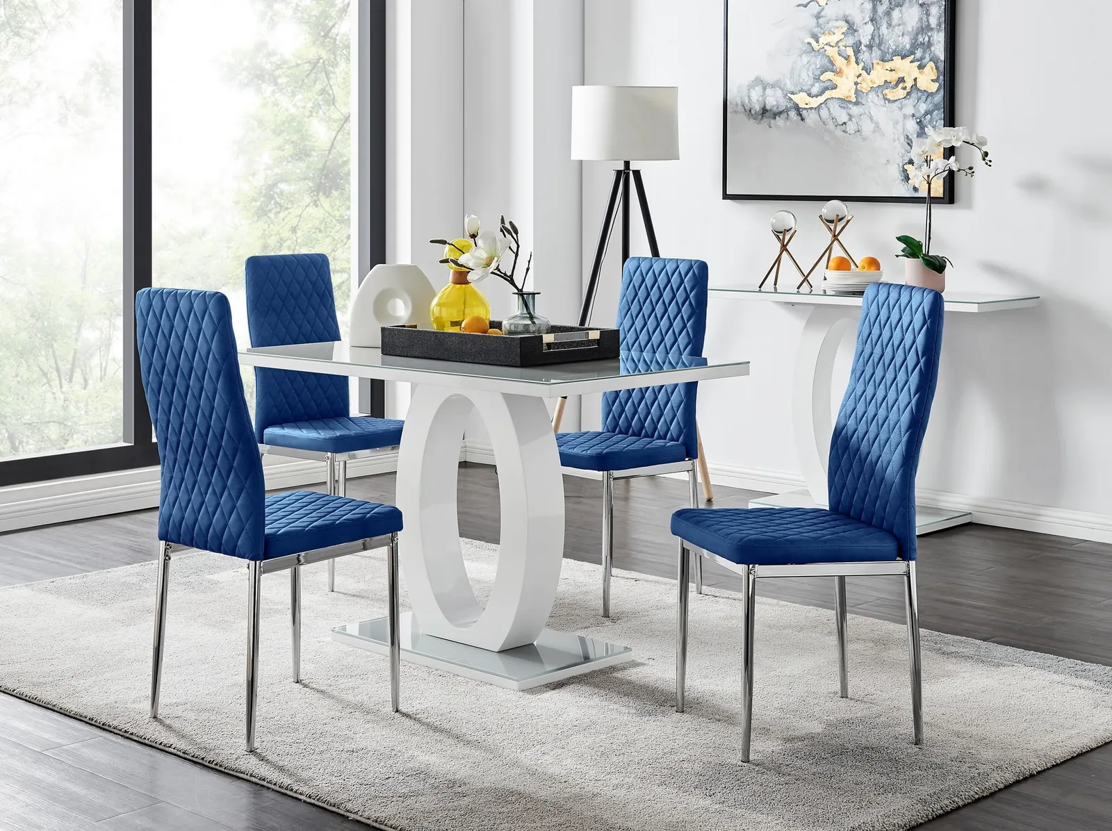 FurnitureboxUK Giovani 4 Grey Dining Table & 4 Velvet Milan Chairs in Navy