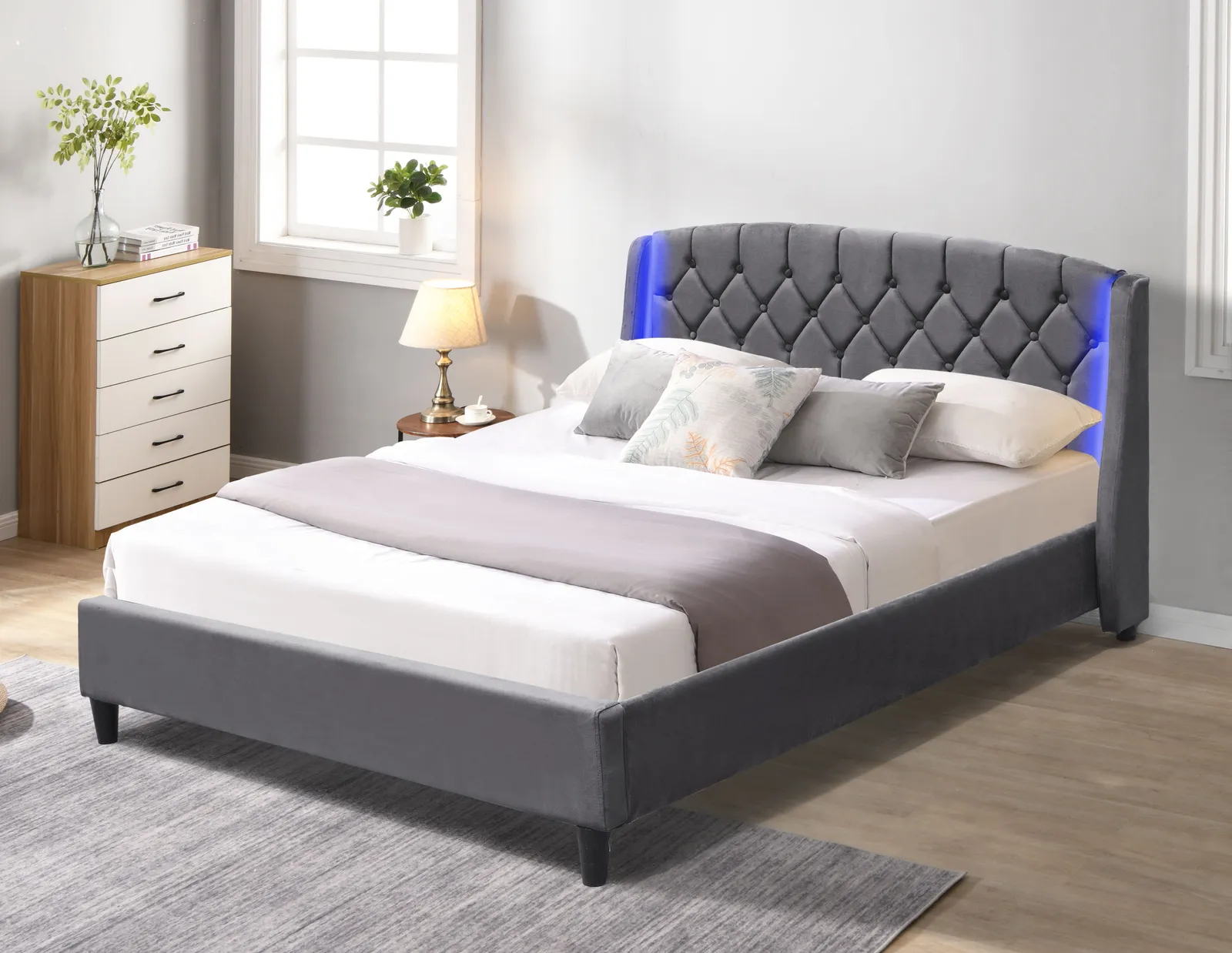 Comfy Living Ltd Fabric Bedframe With LED Headboard Feature in Grey