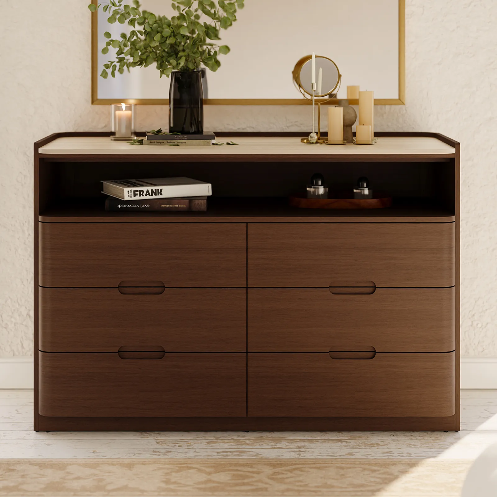 Arvona 47" 6-Drawer Walnut Chest of Drawers with Sintered Stone Top