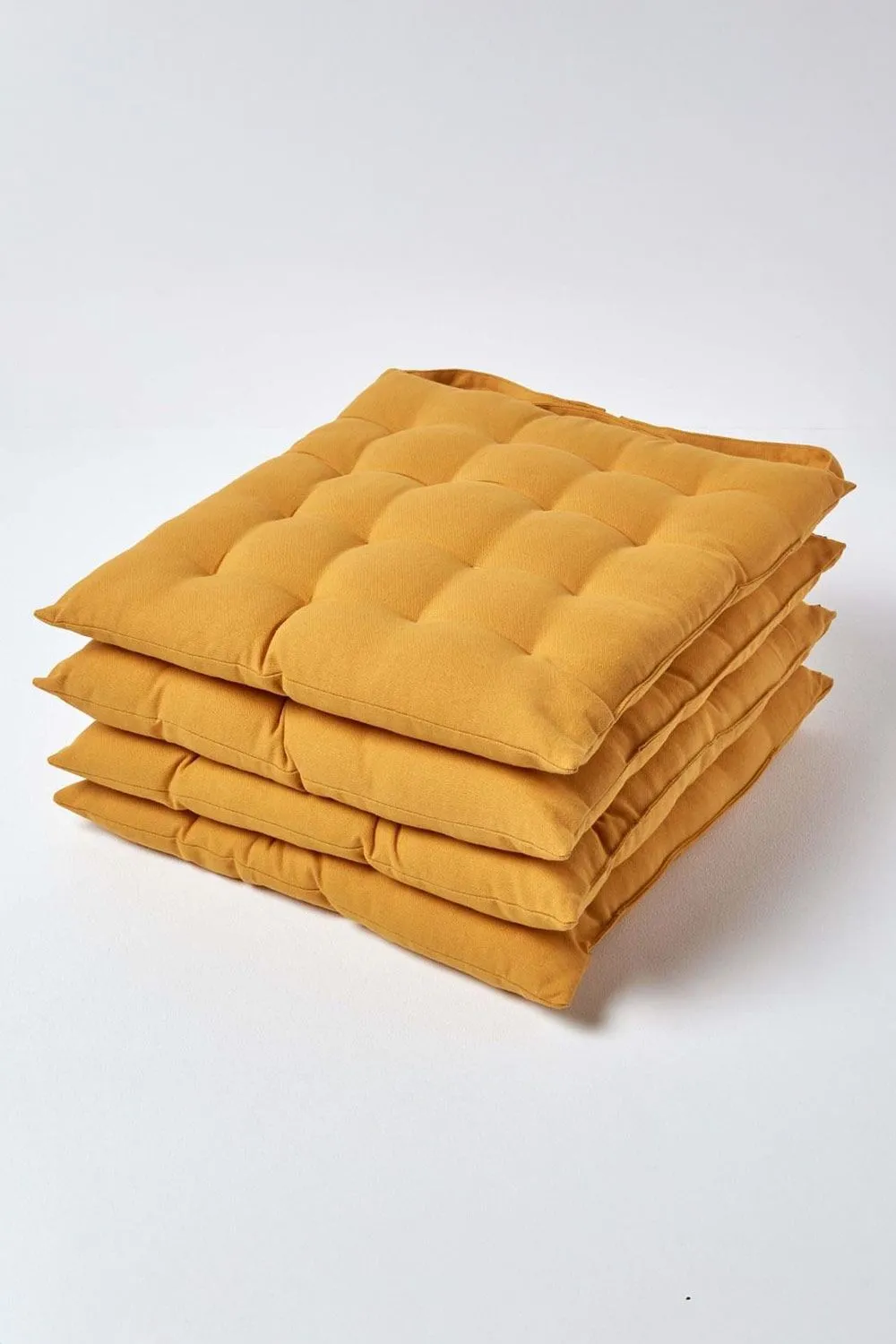 Homescapes 4 Pack Seat Pads Luxury 100% Cotton Indoor Outdoor Garden Cushion, 40cm in Mustard 1