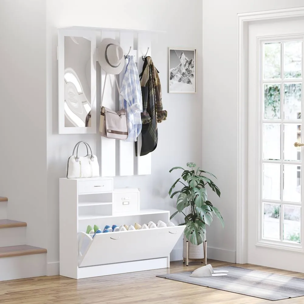 HOMCOM Entryway Organizer Shoe Storage Space Saving Mirror Chest Wardrobe in White 2