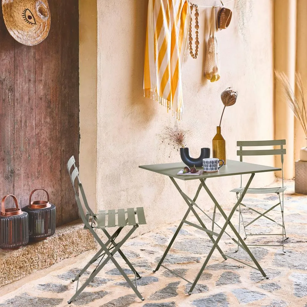 sweeek Square 2-seater folding metal bistro garden table with 2 chairs in Light Green 1