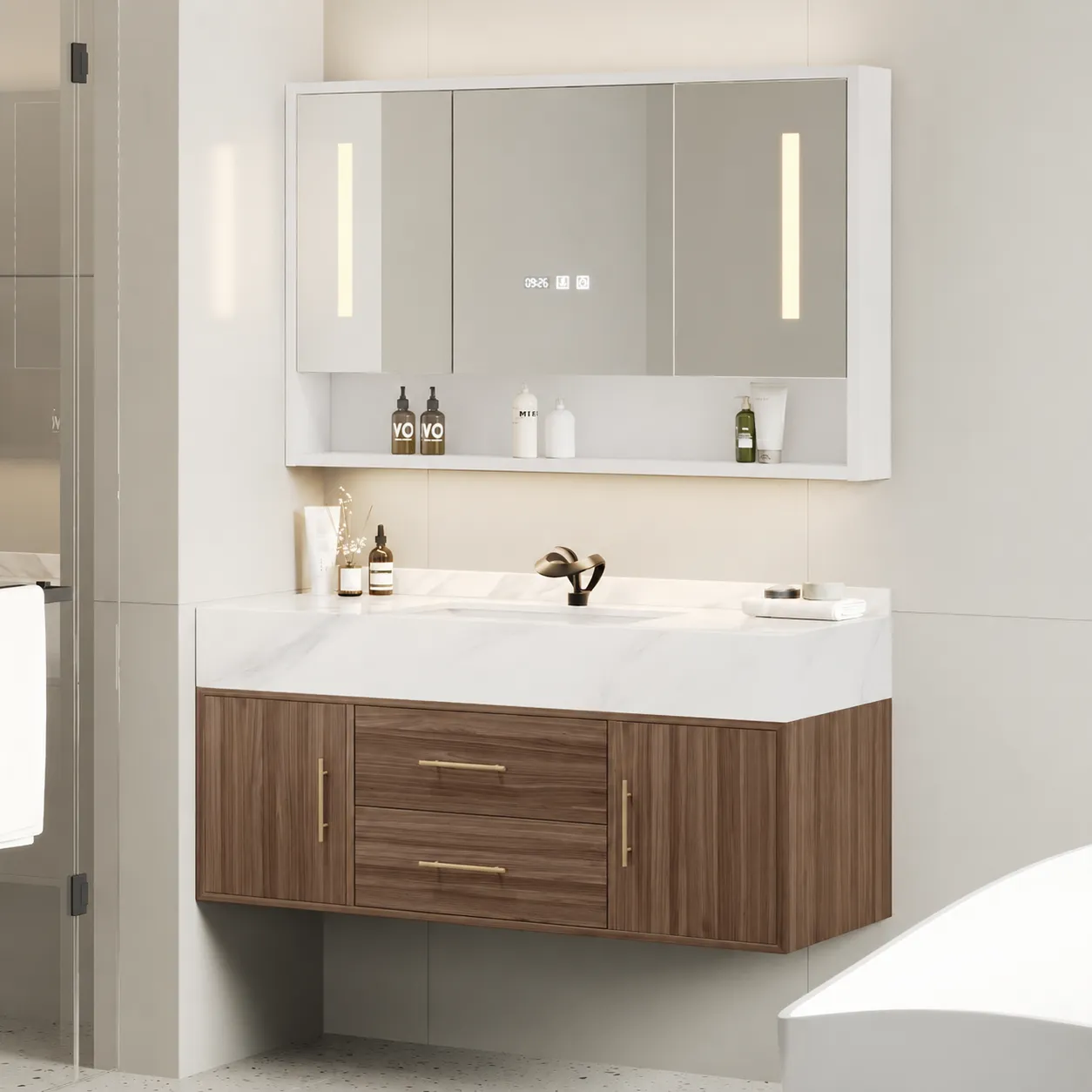 100cm Walnut Bathroom Vanity & LED Mirror Cabinet Set