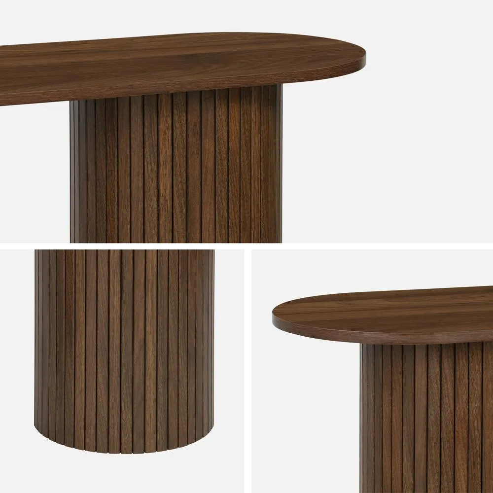 sweeek Scandinavian Oval Console With Grooved Wooden Effect in Dark Brown 4