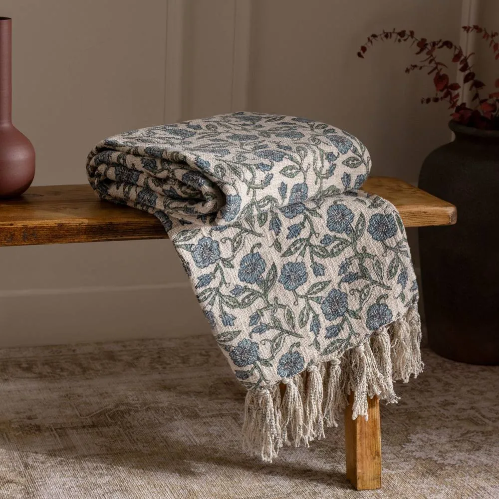 Paoletti Delphine 100% Cotton Floral Printed Throw in Natural