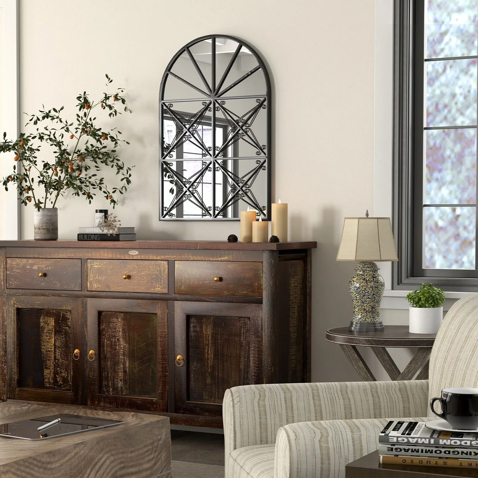 Costway Arched Window Pane Mirror Wall Mounted Decorative Mirror w/ Metal Frame in Black 5