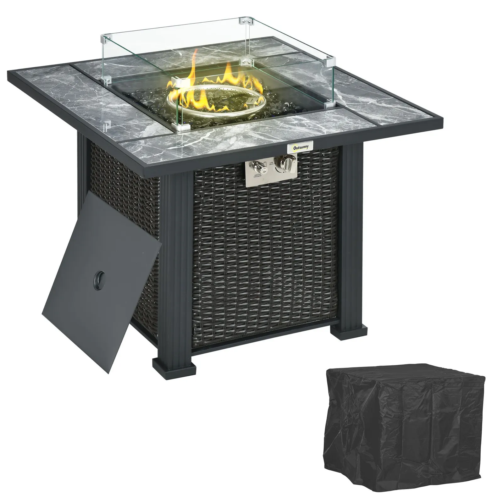 OUTSUNNY Rattan GFire Pit Table with Rain Cover, Windscreen & Glass Stones, 50, 000 BTU in Black 2