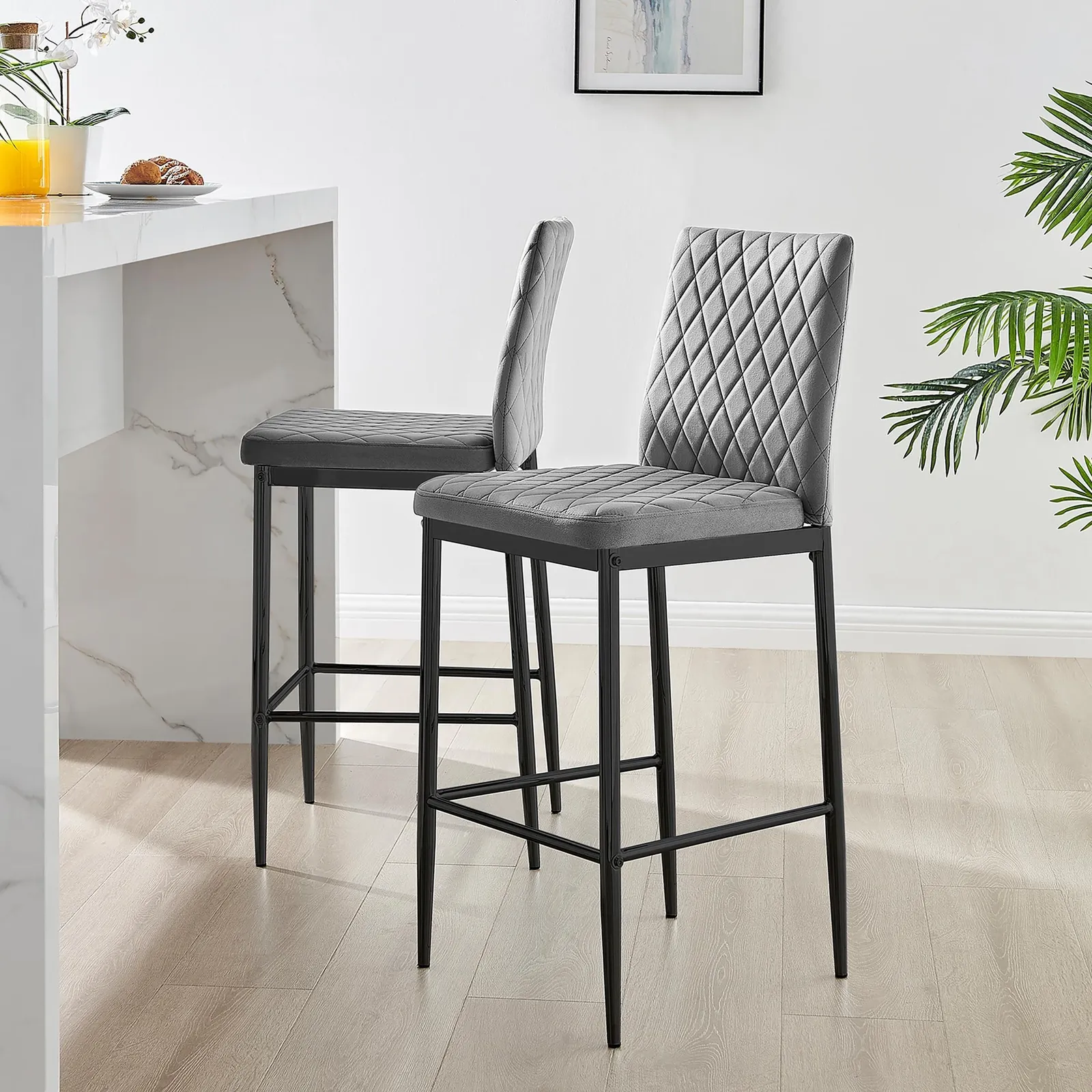 FurnitureboxUK Set of 2 Milan Soft Touch Hatched Velvet Padded Counter Stools With Black Metal Legs in Grey 1