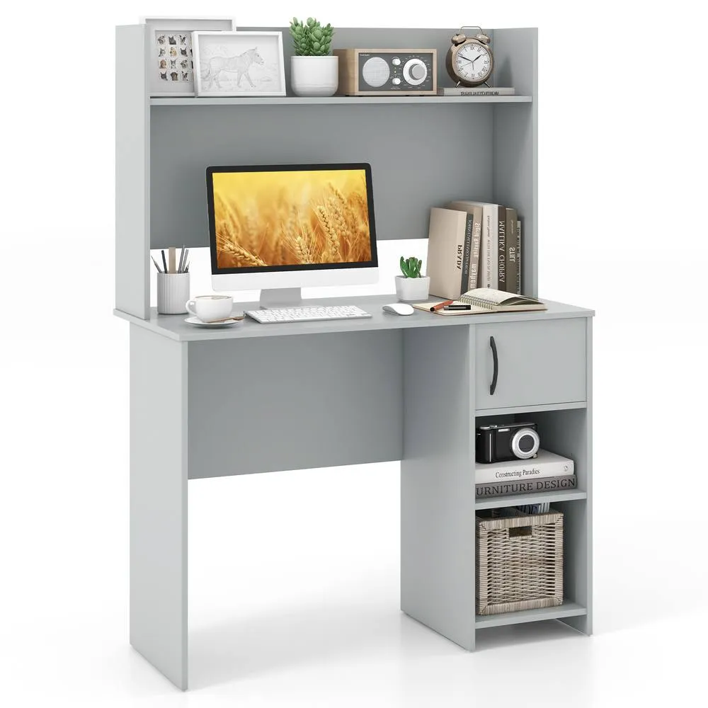 Costway Modern Computer Desk Home Office Writing Study Desk w/ Display Shelf in Grey