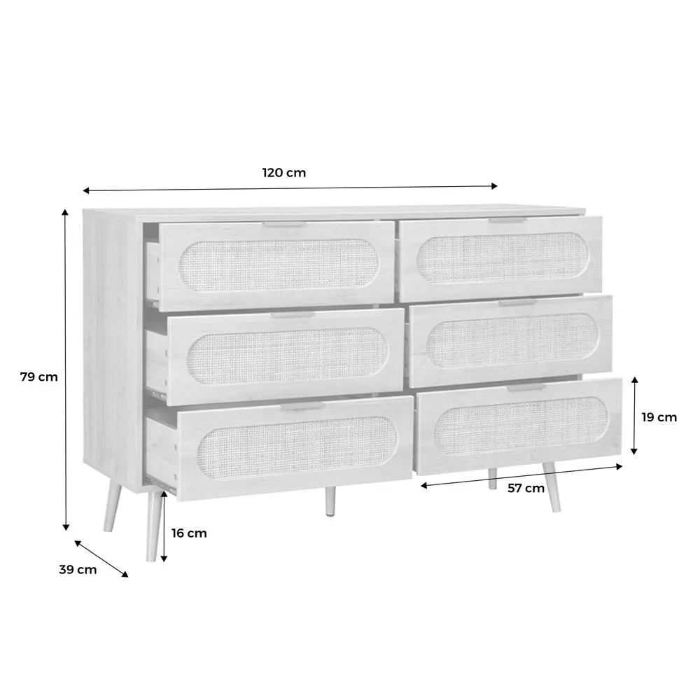 sweeek Wood & Rounded Cane Chest Of Drawers 6 Drawers in Light Brown 5