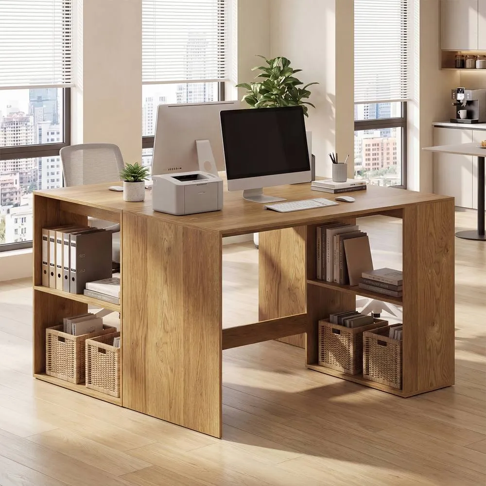Costway Modern Writing Desk 2 Storage Shelves Workstation in Natural 4