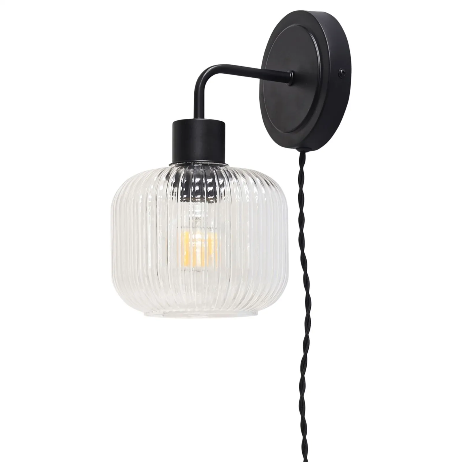 First Choice Lighting Set of 2 Toby - Black Plug in Wall Lights Ribbed Glass Shades 3