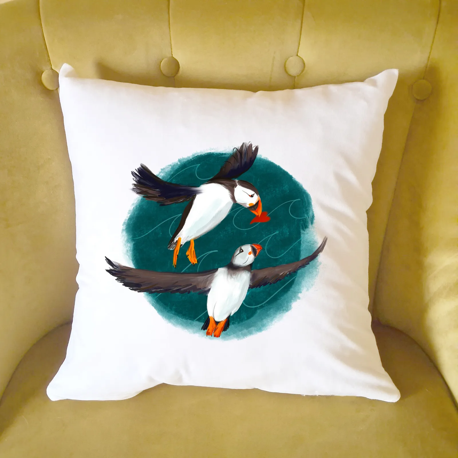 Afewhometruths Mates for Life Gift for Couples Puffin Love Cushion - Anniversary, Wedding Gift in Off-White
