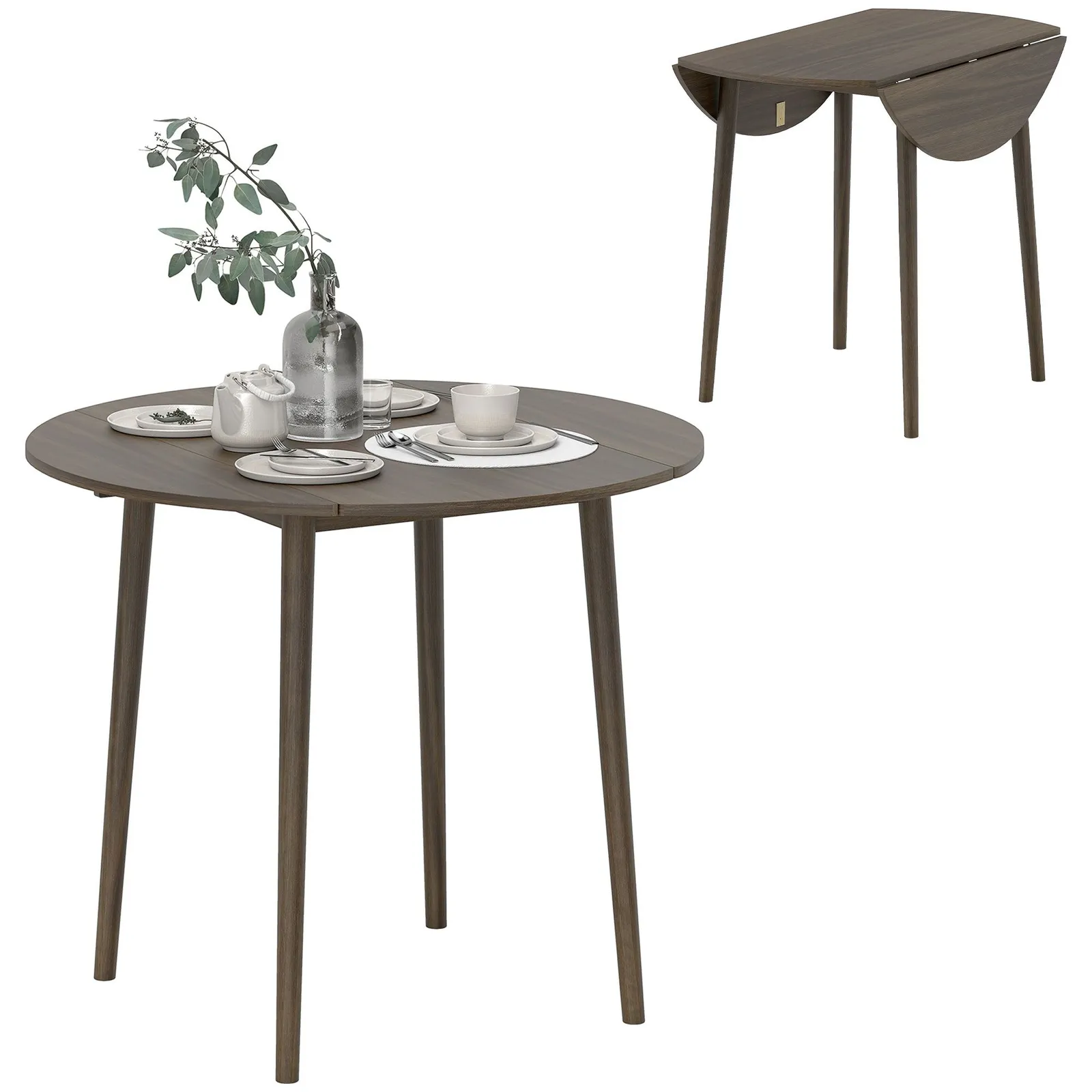 HOMCOM Folding Dining Table for 4, Round Drop Leaf Table, Modern Space Saving Small Kitchen Table with Wood Legs for Dining Room in Grey 2