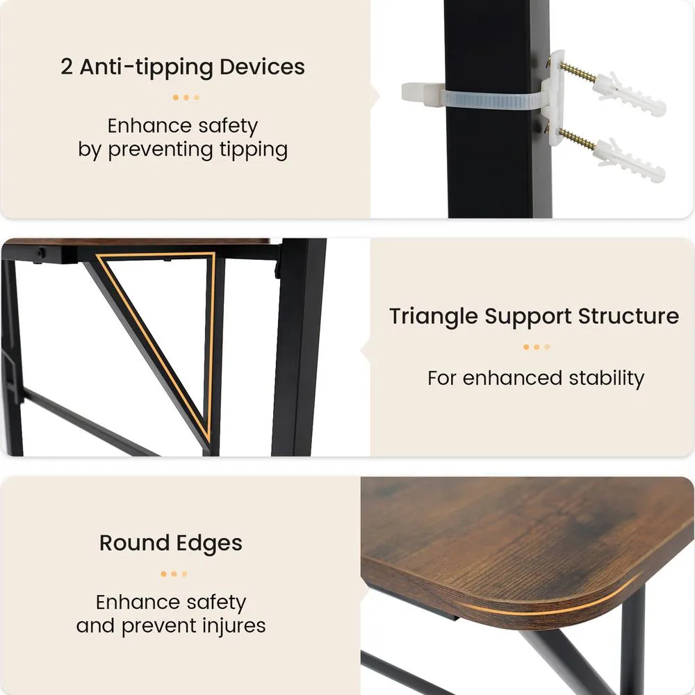 Costway Loft Bed Single Size w/ Desk & Shelf Metal Bedframe w/Safety Guardrail in Brown 4